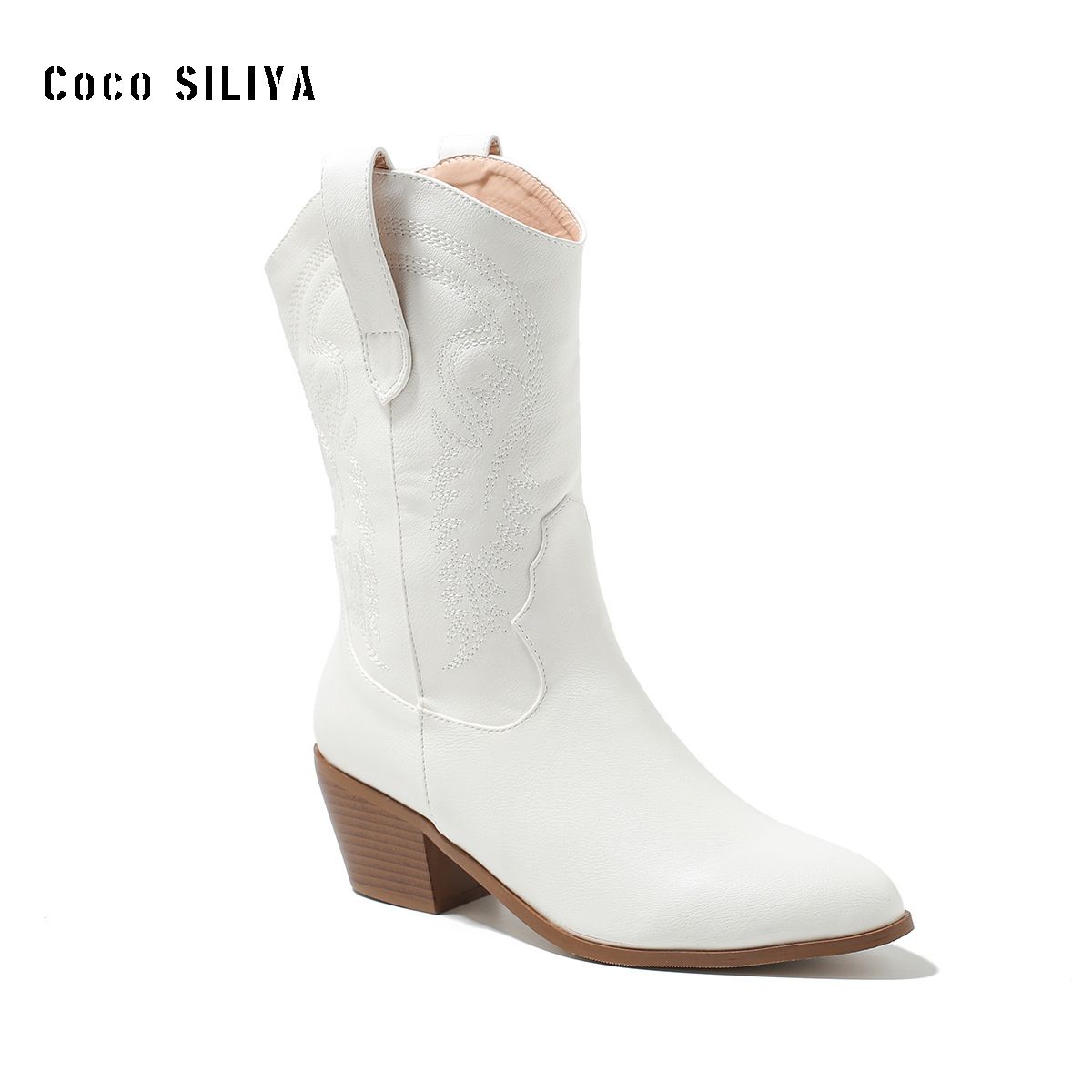 Vintage Pink Cowboy Boots For Women - Pointed Toe Embroidered Mid-Calf Boots With Chunky Heel (Wide Width Available)_vogvips.com