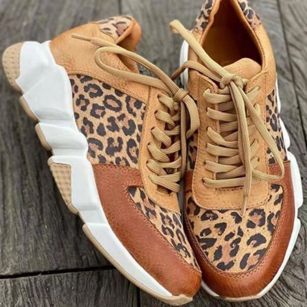 Womens Leopard Print Chunky Sneakers Leather Fabric Upper Lace Up Design Non Slip Thick Sole For Streetwear And Daily_vogvips.com