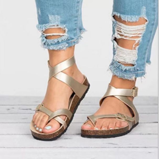 Women’s Shoes Summer Large Size Sandals Cork Bottom Roman Toe Belt Buckle Wrap Sandals For Women_vogvips.com