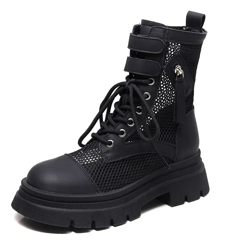 Hollow Out Martin Women's Summer Thin Sandals Leather Breathable Mesh Cool High Thick Heels White Short Boots_vogvips.com
