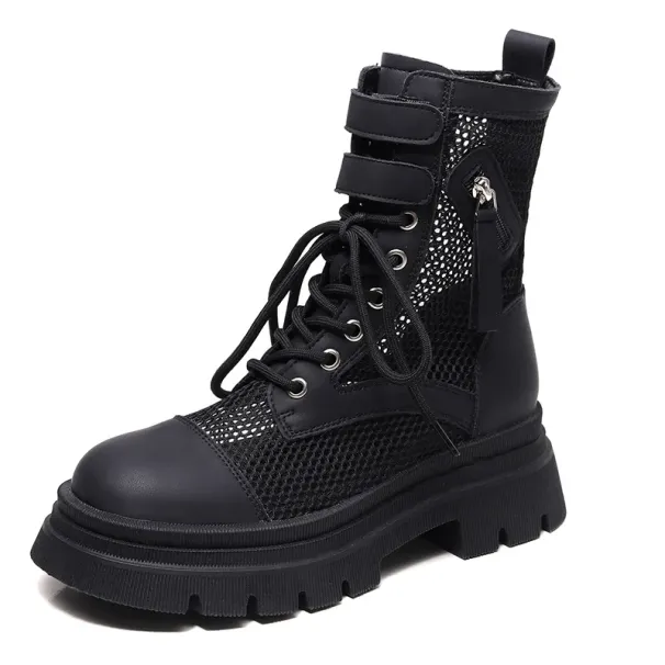 Hollow Out Martin Women's Summer Thin Sandals Leather Breathable Mesh Cool High Thick Heels White Short Boots_vogvips.com