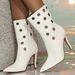 Women's Fashion White PU Leather Pointed Toe Stiletto Heel Boots With Cut-Out Design, Mid-Calf Height, Side Zipper, Comfortable For Daily Wear_vogvips.com