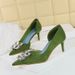 Women's shoes high heel hand scratch wrinkle cloth shallow mouth pointed side hollow rhinestone buckle single shoes_vogvips.com