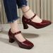 Large Size Genuine Soft High-heeled For Women, With A Strap, Chunky Heel, Square Toe, Black Patent Leather Single Shoes,_vogvips.com