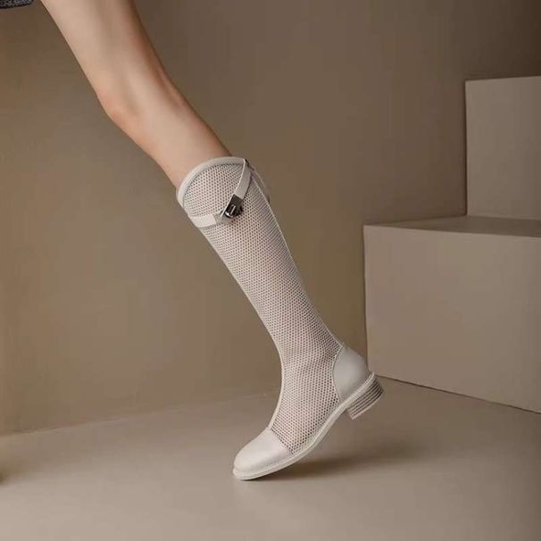 Long Tube Sandals For Women 2025 Summer New Versatile Fashion Breathable Square Heel Martin Over-the-Knee Mesh Boots_vogvips.com