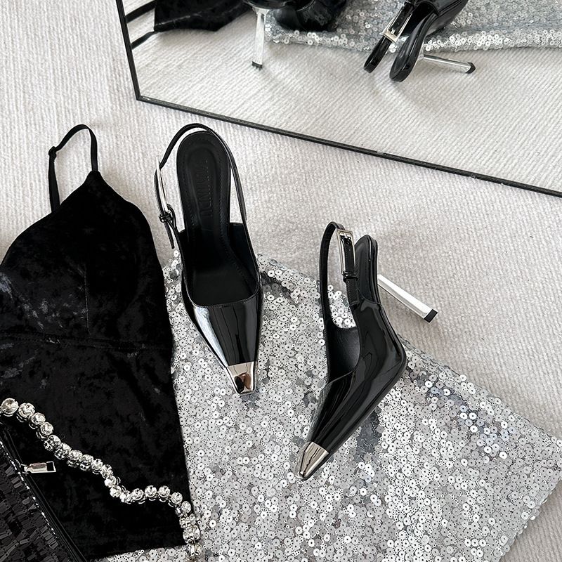 Fashion Temperament Large Size French Light Mouth Black Stiletto High Heels Sandals_vogvips.com