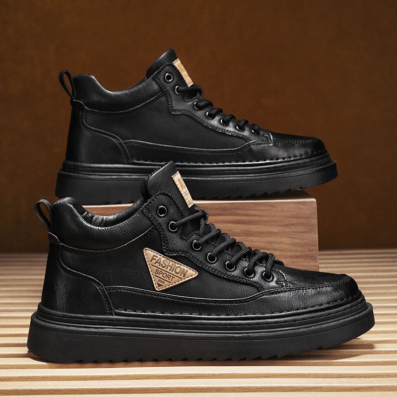 Men's Casual Leather Sneakers - Waterproof Slip-Resistant Soft Sole Oxford Shoes For Autumn & Spring (Khaki/Black)_vogvips.com