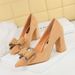 828-H30 Korean Fashion Spring And Autumn New High Thick Heels, Suede, Shallow Mouth, Pointed Bow, Single Shoes For Women_vogvips.com
