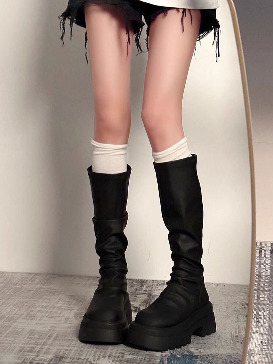 Women's Knee-High Chunky Heel Boots - Stylish Round Toe Thick Sole Riding Boots For All Seasons, Sizes 35-40 Boots Slimming Pile Boots Skinny Boots_vogvips.com