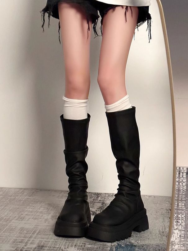 Women's Knee-High Chunky Heel Boots - Stylish Round Toe Thick Sole Riding Boots For All Seasons, Sizes 35-40 Boots Slimming Pile Boots Skinny Boots_vogvips.com