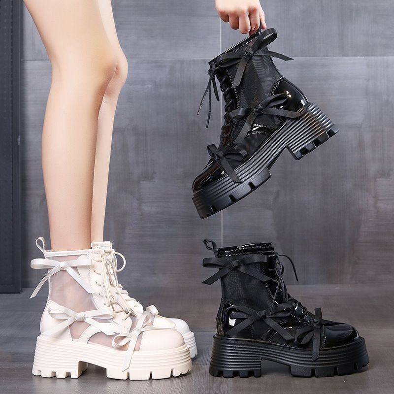 Perforated Martin For Women, Summer Thin Breathable Thick-Soled Mesh 2024 New British Style Lace-Up Short Bo, Cool_vogvips.com
