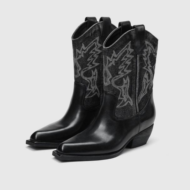 Short For Women, Washed Denim Chunky High Heel Ankle Designer Western Boots, Summer Style Printed Martin Boots_vogvips.com