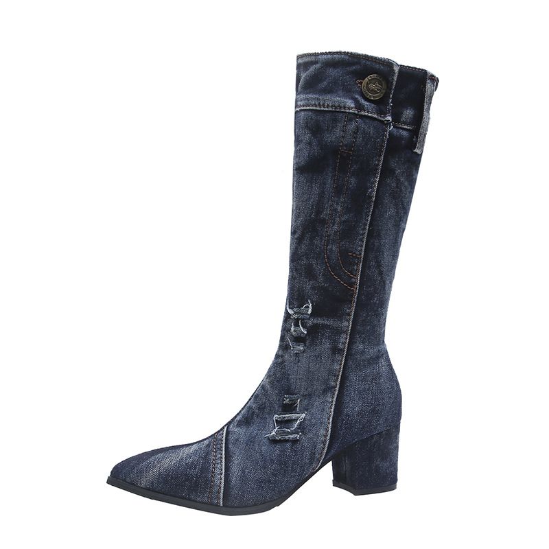 Winter Pointed Toe Knee High Boots For Women Mid Heel Vintage Distressed Denim Chunky Heel Fashion Plus Size In Stock_vogvips.com
