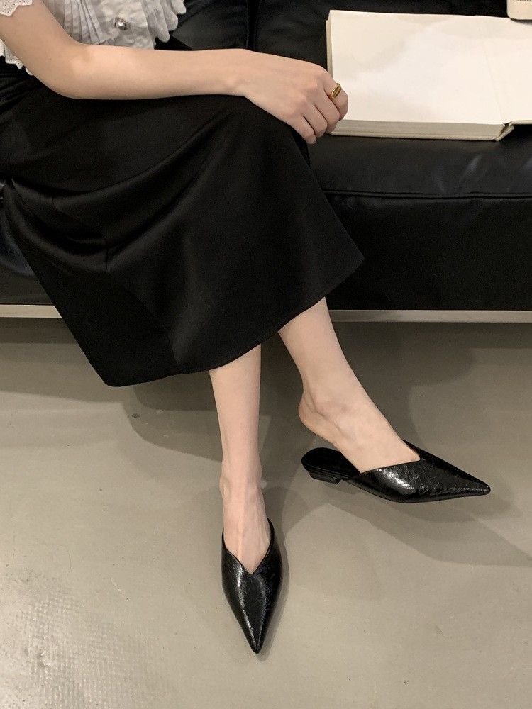Chic Pointed Toe Flat Mules For Women - Elegant Metallic V-Cut Slip-On Backless Loafers For Office And Casual Wear_vogvips.com