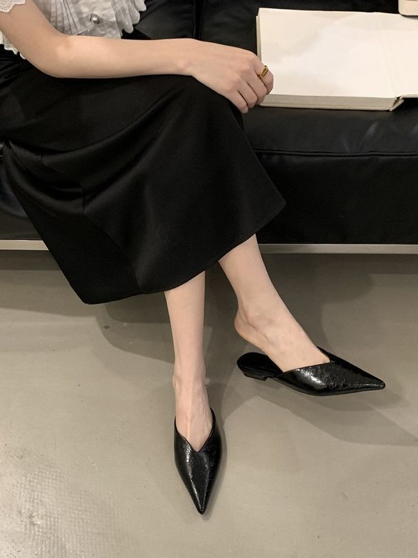 Chic Pointed Toe Flat Mules For Women - Elegant Metallic V-Cut Slip-On Backless Loafers For Office And Casual Wear_vogvips.com