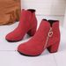 Women's Heart Shaped Metal Side Zipper Ankle Boots Autumn New Arrival Plus Size Mid Heel Chunky Round Toe Fashion Boots_vogvips.com