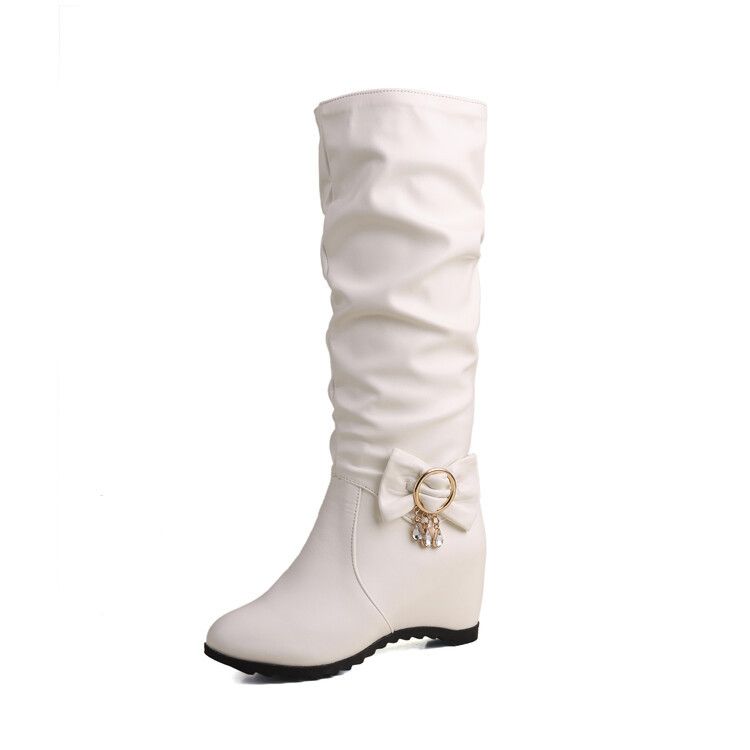 Butterfly Knot Round Toe Hidden Wedge Autumn Winter High Tube Women's Boots Plus Size Export 11-59_vogvips.com