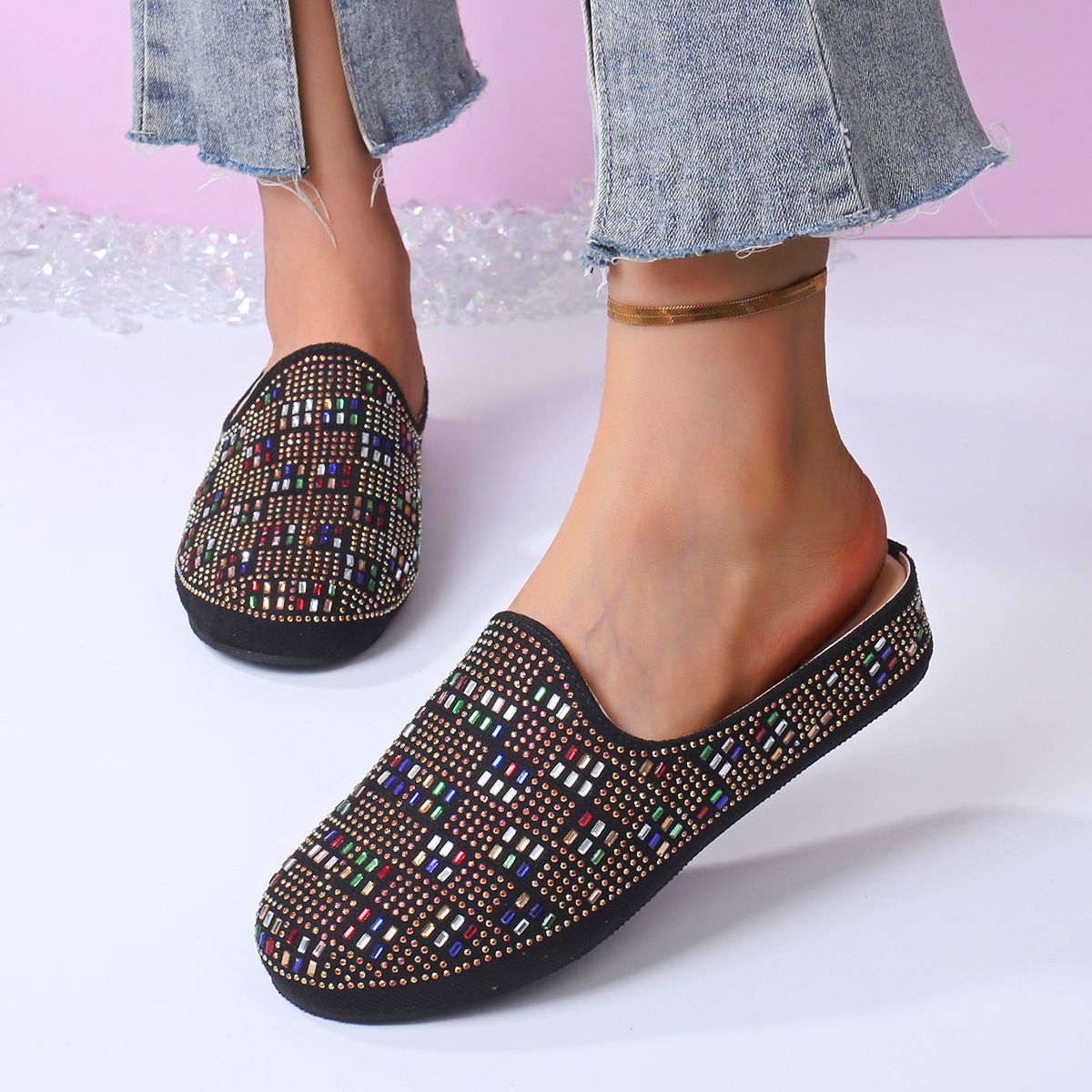 plus Size Women's Rhinestone Closed Toe Slippers Casual Thick Soled Half Slippers Easy Wear Autumn Style_vogvips.com
