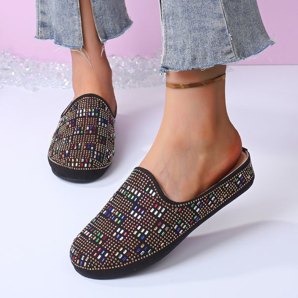 plus Size Women's Rhinestone Closed Toe Slippers Casual Thick Soled Half Slippers Easy Wear Autumn Style_vogvips.com