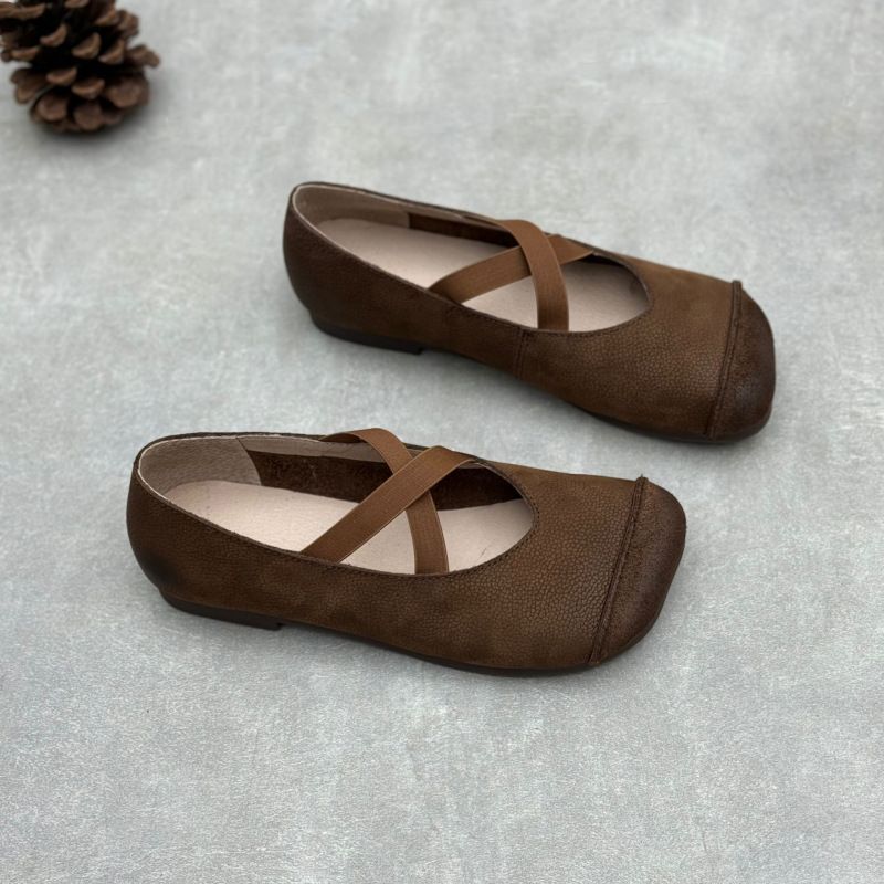 Artistic Forest Style Genuine Women's 2025 Spring Summer Handmade Square Toe Flat Cross Strap Mary Jane Soft Leather_vogvips.com