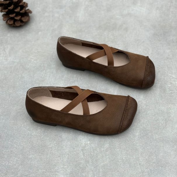 Artistic Forest Style Genuine Women's 2025 Spring Summer Handmade Square Toe Flat Cross Strap Mary Jane Soft Leather_vogvips.com