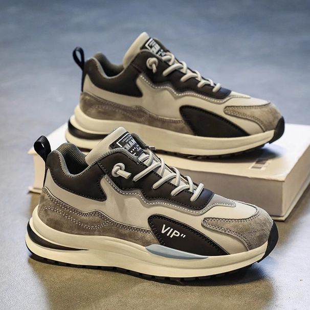 Men's Chunky Sole Leather Sneakers - Breathable Slip-Resistant Casual Shoes For Everyday Wear_vogvips.com