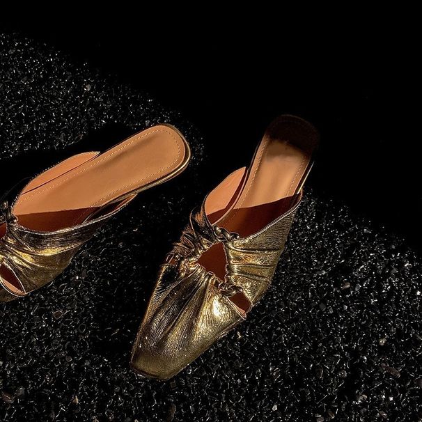 French Niche Design Square Toe Hollow Pleated Half Mules With Metal Buckle For Women Summer Outdoor Slippers_vogvips.com