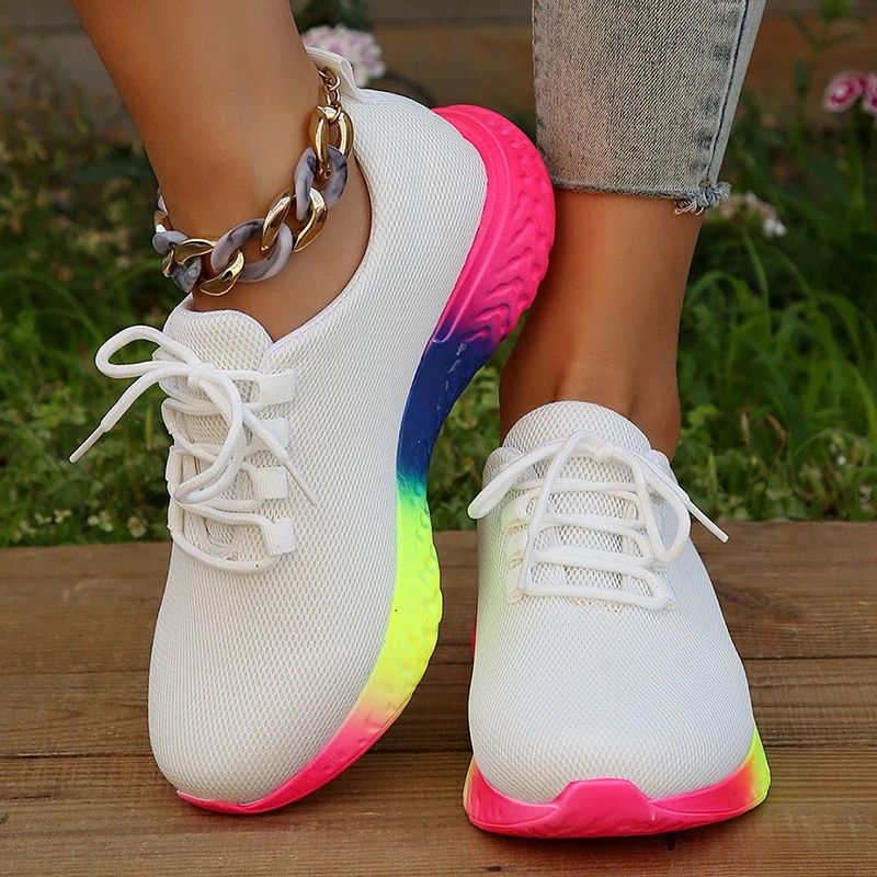 Rainbow Sole Sneaks Women Plus Size 43 Mesh Breathable Platform Sports Woman Non-Slip Lace Up Tennis Shoes Zapatos_vogvips.com
