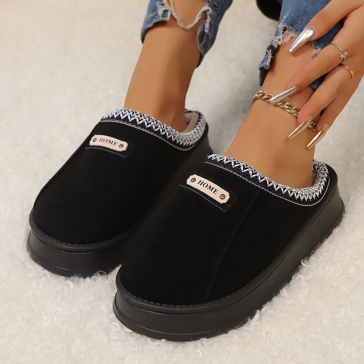 Womens Embroidered Trim Platform Mule Summer Comfort Slippers Warm Fleece Lined Indoor Outdoor Footwear_vogvips.com