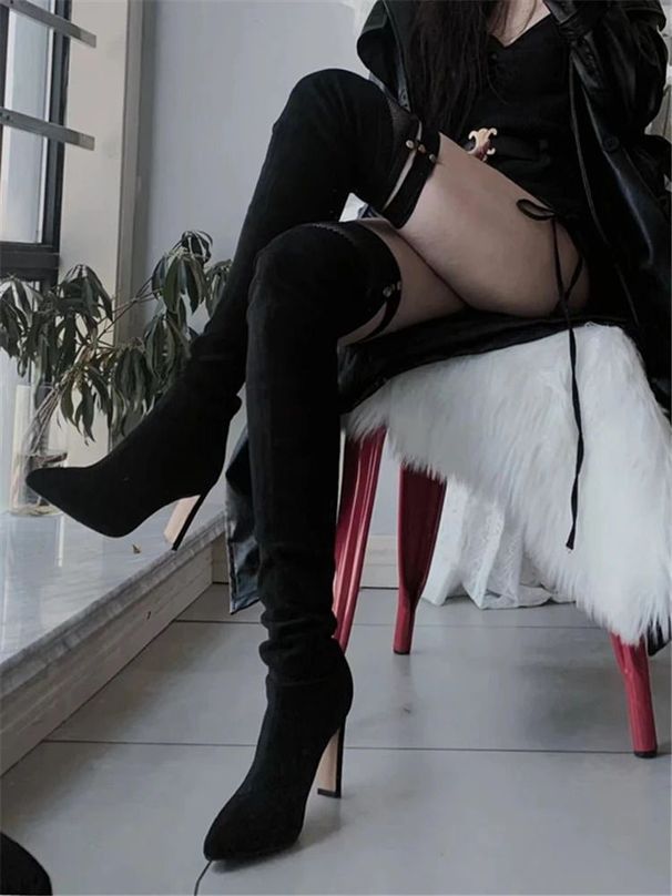 Fashion Pure Desire Socks Womens Pointed Head Medium Tube Thin Korean Version High Heeled Suede Short Boots 251107_vogvips.com