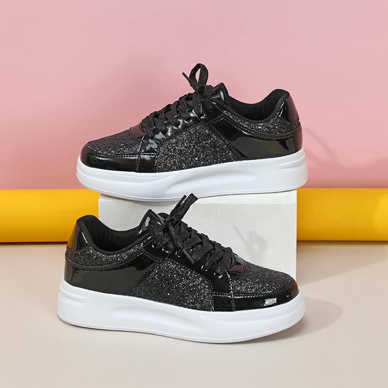Casual Silver Leather Platform Thick Sole Vulcanized Woman Board Shoes Black Sequins Women Sneakers_vogvips.com