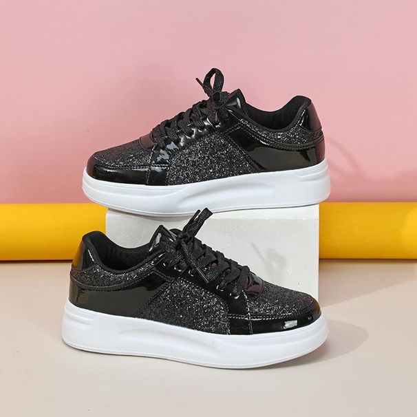 Casual Silver Leather Platform Thick Sole Vulcanized Woman Board Shoes Black Sequins Women Sneakers_vogvips.com