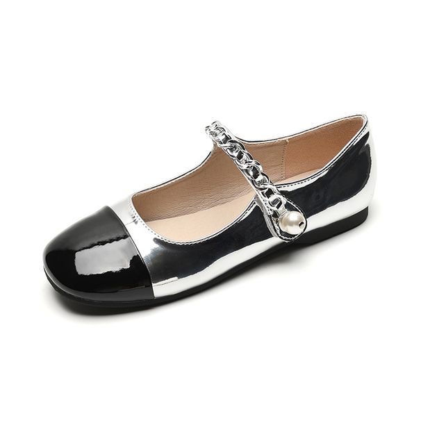 Round Head Mary Jane Shoes Women's French One-word With Chain Pearl Small Fragrant Style Flat-soled Single Shoes_vogvips.com