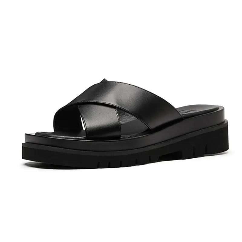 Luxury Mens 2024 New Style Genuine Leather Outdoor Sandals Fashion Platform Business Slippers Summer Man Shoes_vogvips.com