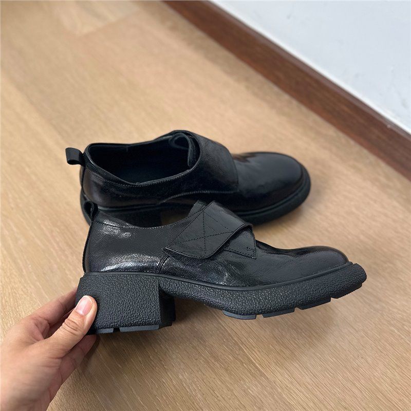 Cowhide Version~5cm Cushioned Magic Tape Women's Versatile Soft Thick-Soled Loafers British Style Small Leather Single_vogvips.com