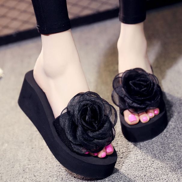 Flash Jiao Handmade Big Burning Flower One-word Drag Non-slip Thick-soled Wear-resistant Middle Heel Summer Women's Seaside Beach Shoes_vogvips.com