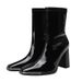 Kendall Jenner Iron Martin New Low-Cut Glossy Slim Chunky Square Toe High Heel Women Autumn Patent Leather Short Boots_vogvips.com