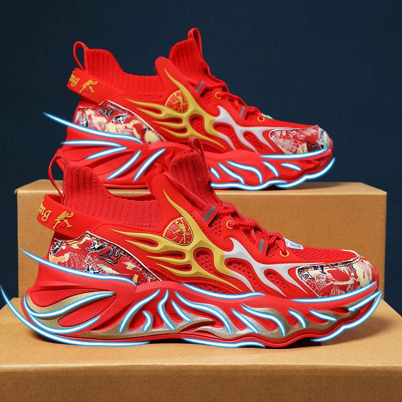 2025 New Chinese Red Shoes Couple Running Shoes Light Non-Slip Shock Absorption Breathable Flying Woven Sports Trendy Shoes_vogvips.com