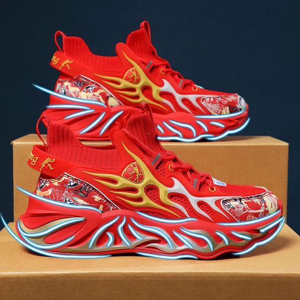2025 New Chinese Red Shoes Couple Running Shoes Light Non-Slip Shock Absorption Breathable Flying Woven Sports Trendy Shoes_vogvips.com