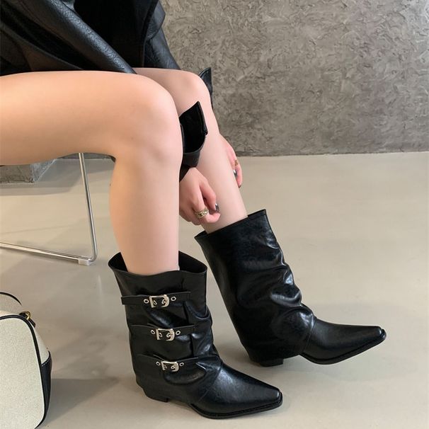 Unique Design Pointed-Toe Mid-Calf 2026 Autumn/Winter Collection, Belt Buckle Chunky Heel Riding Boots, Short Western_vogvips.com