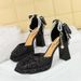 Sequined Square Head High Heels Thick Heel Waterproof Back Bow Pearl One-button Sandals Wedding Shoes_vogvips.com