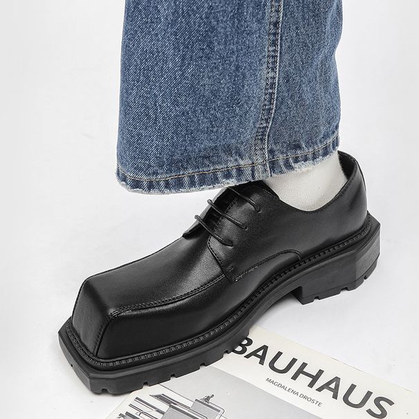 European And American Niche High Street Leather For Women, Square Toe, Thick Sole, Height Increasing, Retro Big Toe_vogvips.com