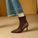 High Heel Short Boots For Women, Thin Heel 2025 New Style, Pointed Toe Slim Boots, French Suede Patchwork Coffee Color Mid-Calf Bo_vogvips.com