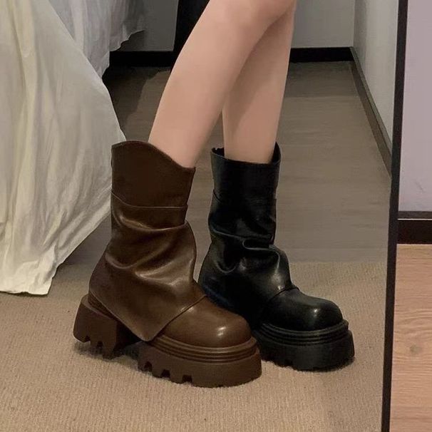 Brown Melad Thick-Soled Martin For Women 2025 New Summer Ankle Short Height-Increasing Stacked Cuff Boots_vogvips.com