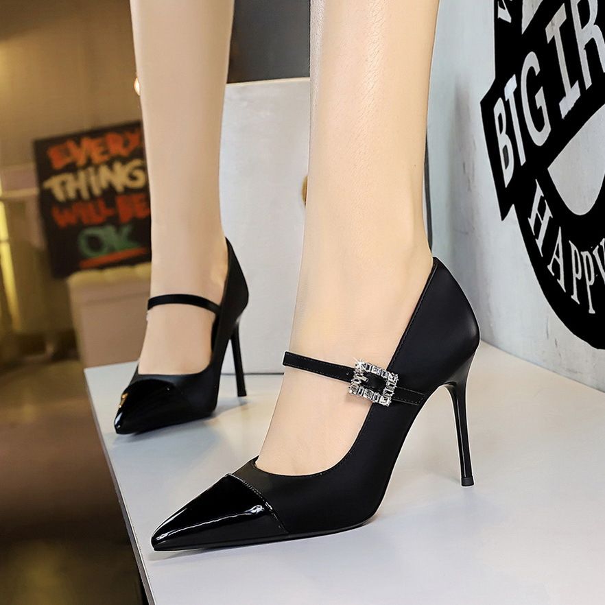 High Heels, Thin Heels, Light Mouth Color Matching, Pointed Rhinestones, One Word With Super High Heels, Single Shoes, Women's Shoes_vogvips.com