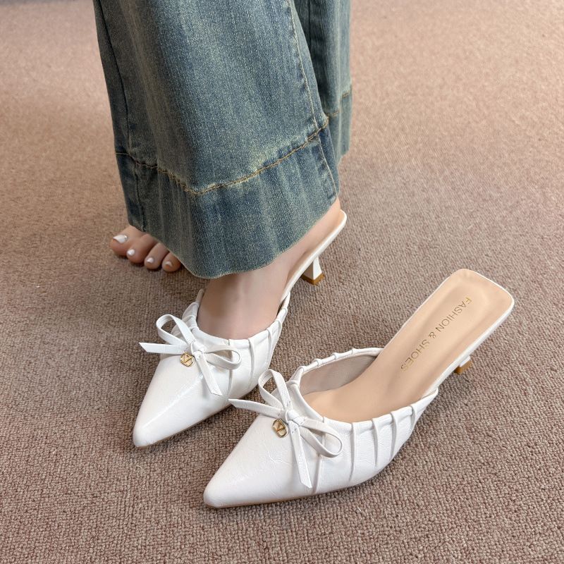 Summer Classy White Bows Pointed Toe Stiletto Sandals Women's Date Show Leg Length Fairy Style High_vogvips.com