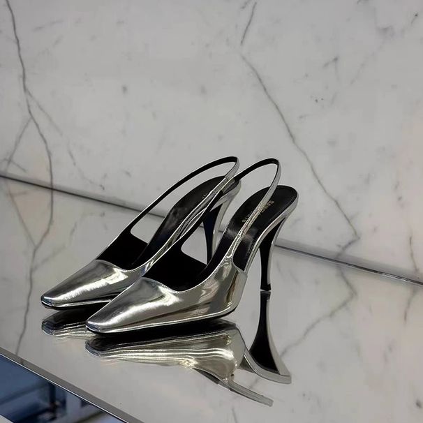 Elegant Metallic Silver Heels Square Toe Shallow Mouth Stiletto Feminine Glossy Back Strap Hollow High Heel Sandals_vogvips.com