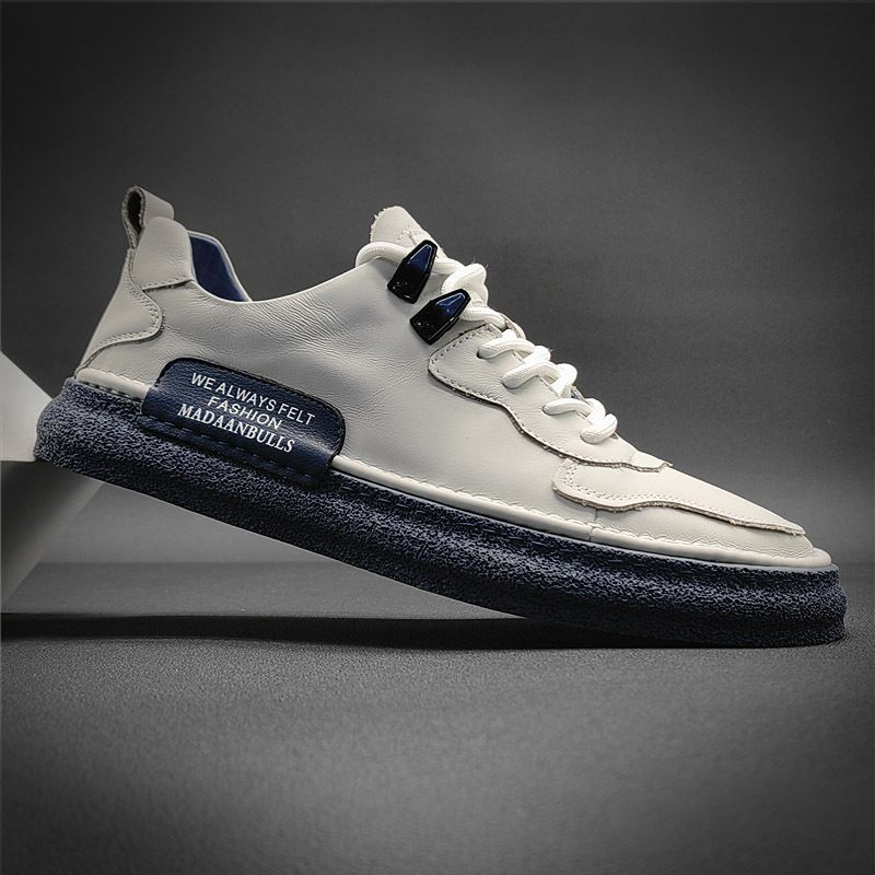 Men's Genuine Leather Casual Sneakers - Breathable Low-Top Lace-Up Shoes With Cushioned Sole, Classic Round Toe Design For Everyday Comfort_vogvips.com