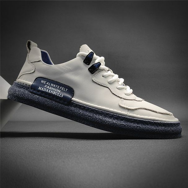 Men's Genuine Leather Casual Sneakers - Breathable Low-Top Lace-Up Shoes With Cushioned Sole, Classic Round Toe Design For Everyday Comfort_vogvips.com
