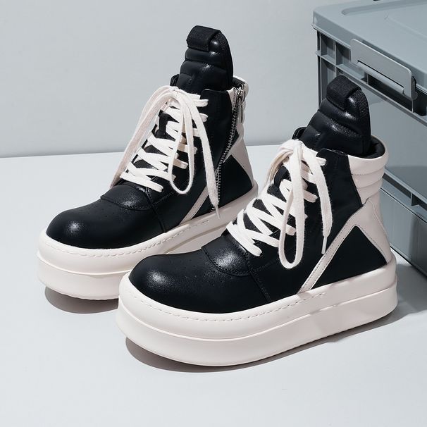 2025 Autumn Winter New Genuine Leather Trendy Short Boots High Top Inverted Triangle Black White Personality Thick Sole_vogvips.com